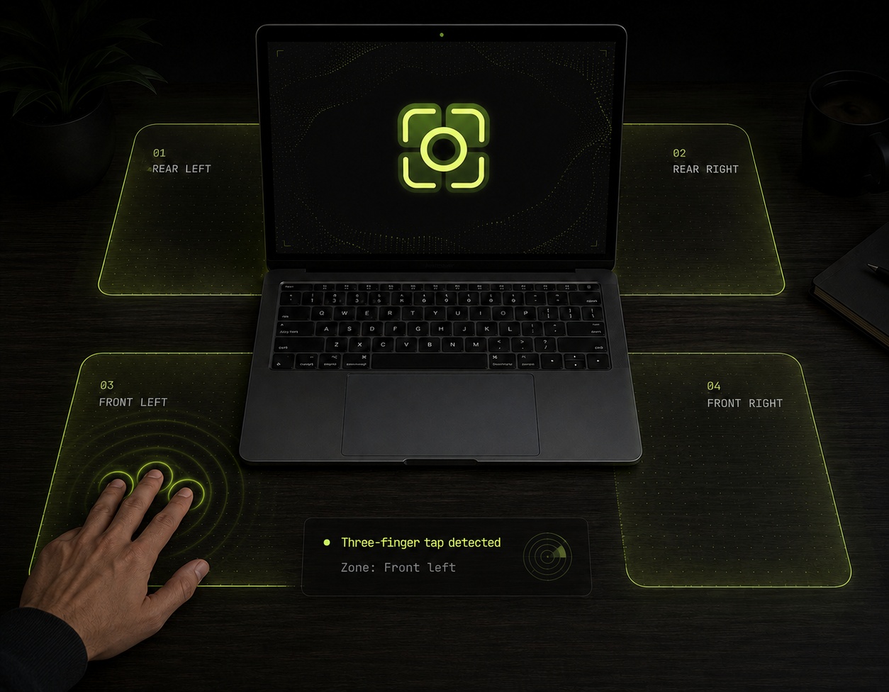 Laptop on a dark desk with four glowing zones highlighted around it; a hand taps the front-left zone and a notification reads 'Three-finger tap detected'.